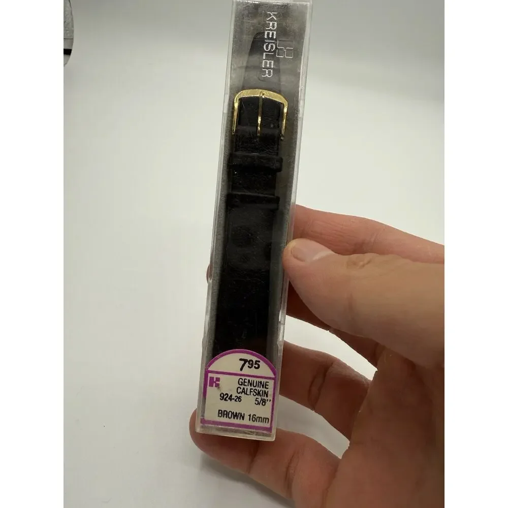 16mm Kreisler super Dark Brown Calfskin NOS Vintage Watch Band Gold-Tone Buckle